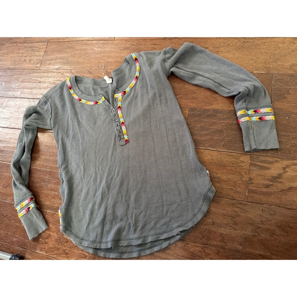 We The Free Free People Henley Waffle Knit Thermal Grey Rainbow Trim Top XS/P